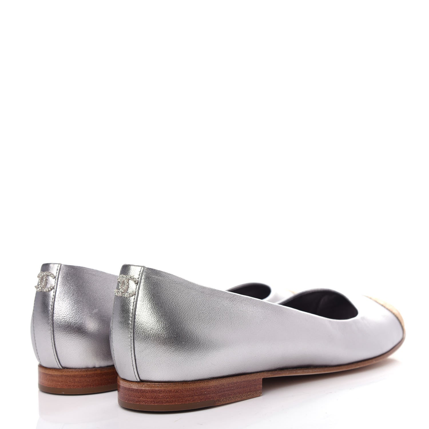 Chanel Metallic Lambskin Crystal Cap Toe CC Ballerina Flats 39 Silver Gold 4 of 10