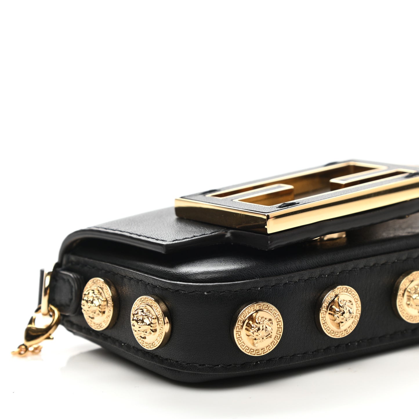 X VERSACE Vitello Seta Fendace Studded Nano Brooch Baguette Black