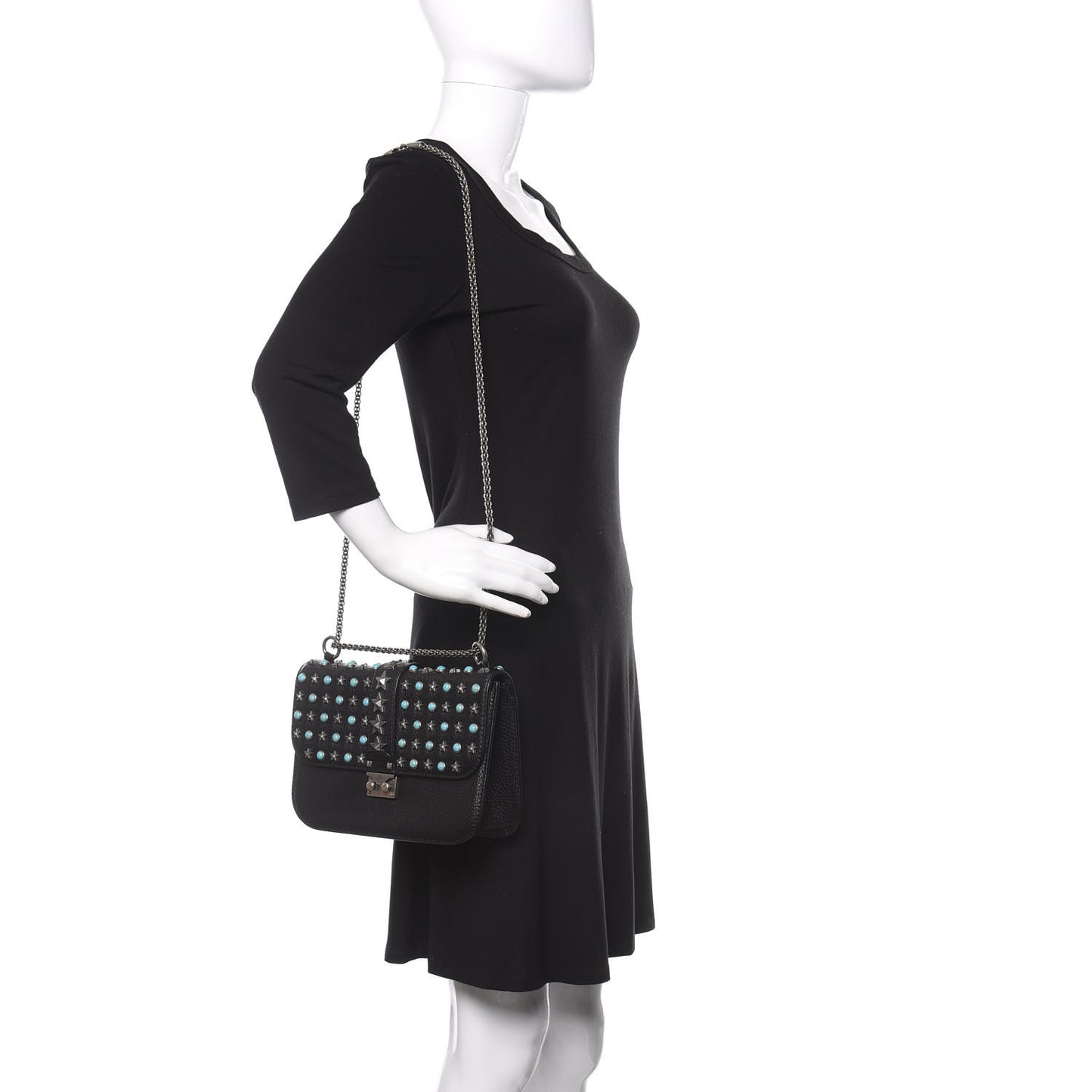 Pebbled Calfskin Star Studded Medium Lock Flap Black