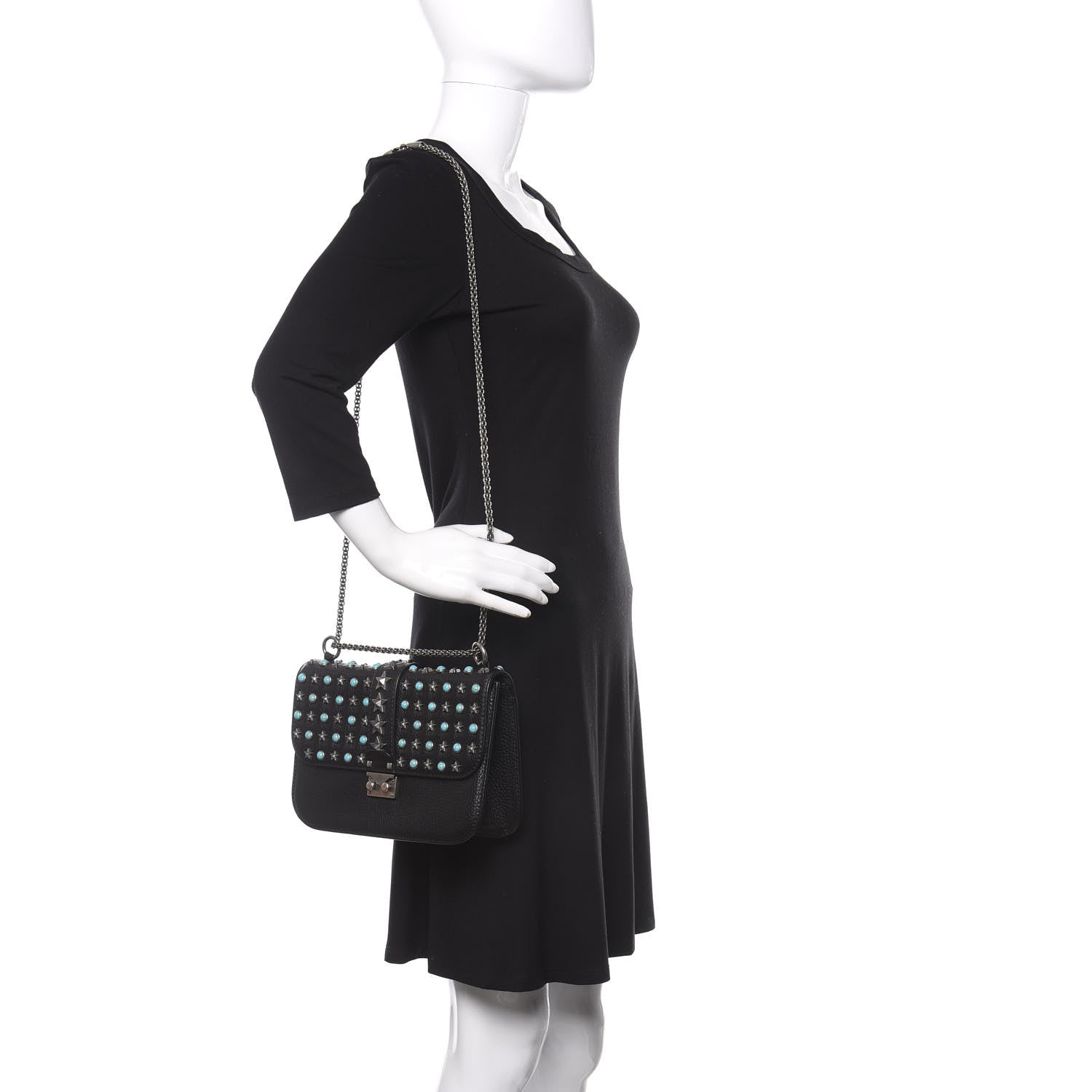 Valentino Garavani Pebbled Calfskin Star Studded Medium Lock Flap Black 3 of 10