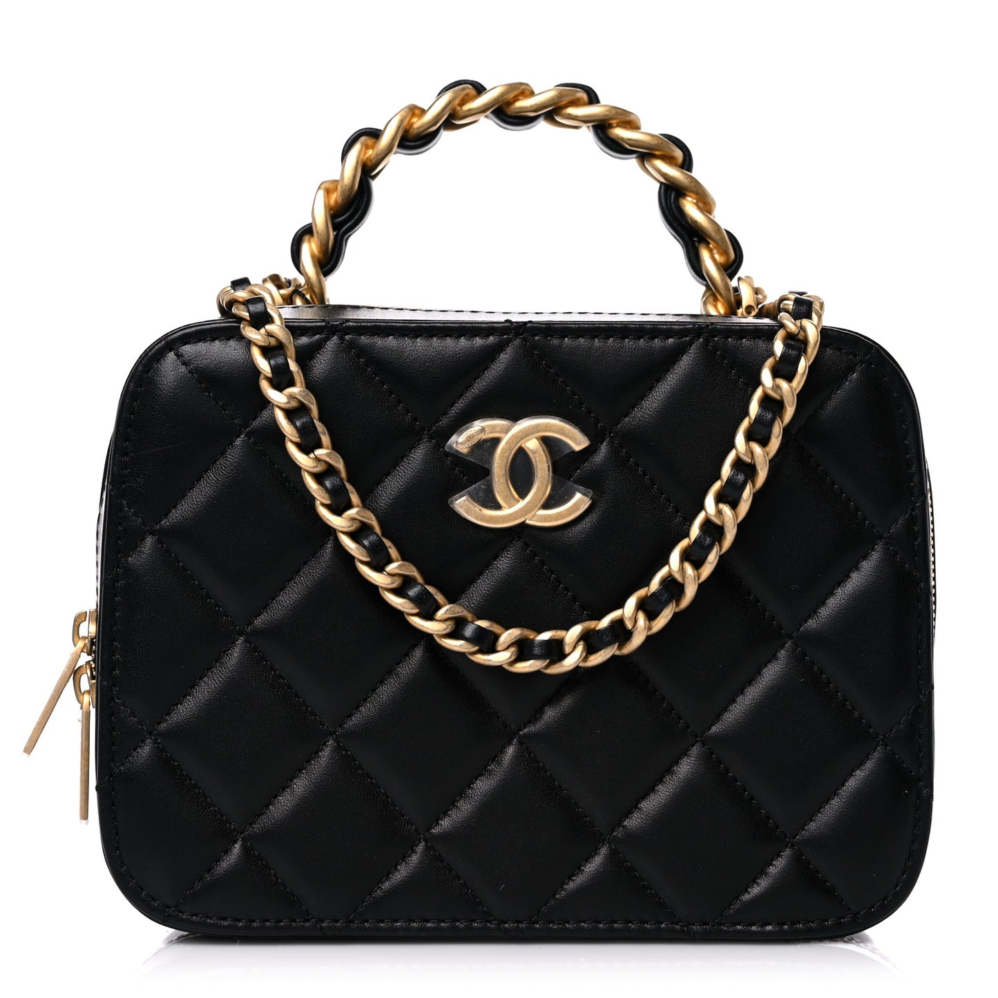 Lambskin Quilted Top Handle Small Vanity Case Black