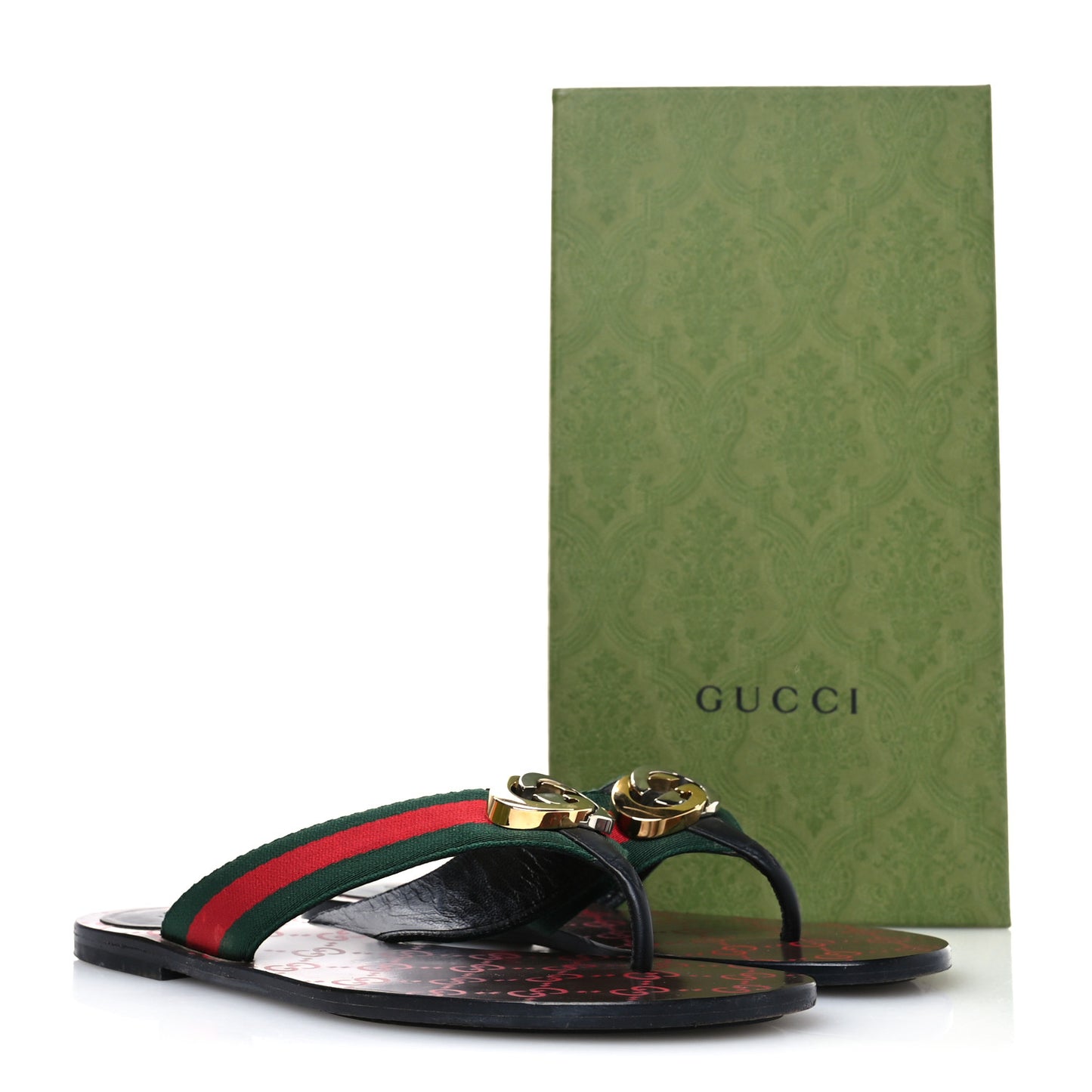 Nylon Calfskin Web GG Monogram Womens Thong Sandals 39 Green Red Cocoa