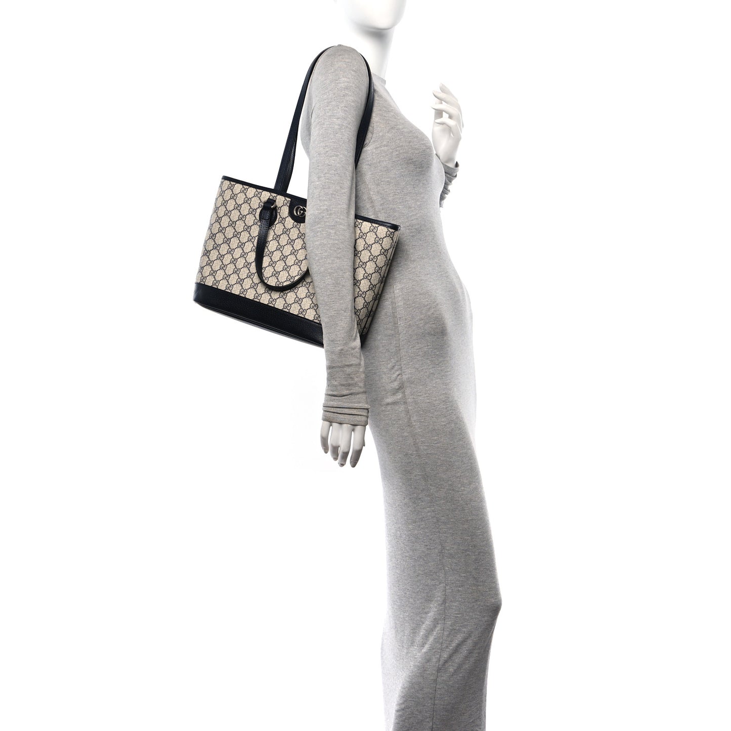 GG Supreme Monogram Textured Dollar Calfskin Small Ophidia Shoulder Tote Bag Beige Blue