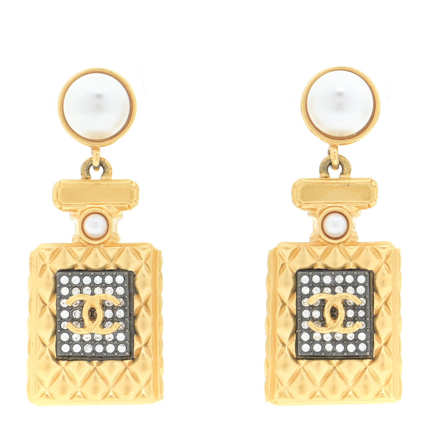 Crystal Pearl CC Perfume Bottle Drop Earrings Gold