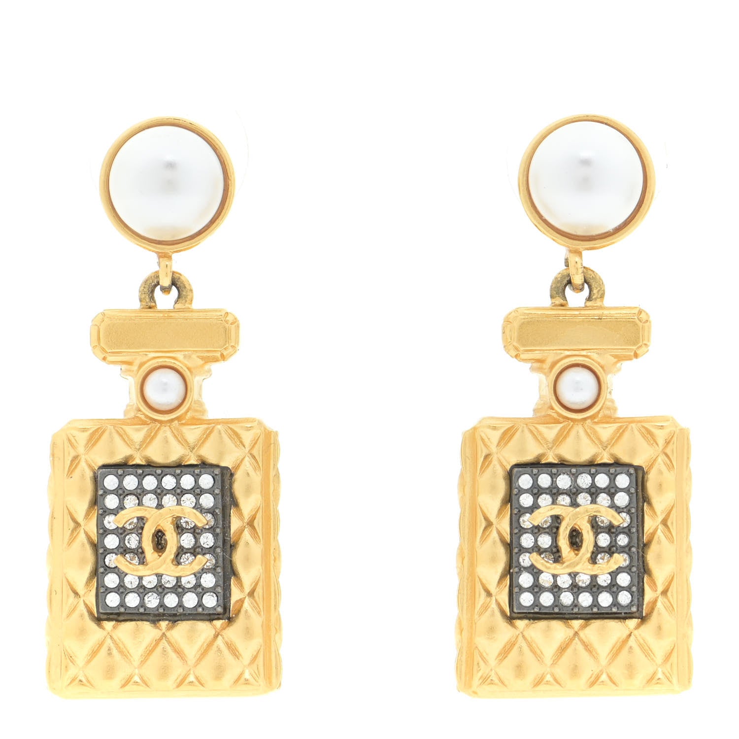 Chanel Crystal Pearl CC Perfume Bottle Drop Earrings Gold 1 of 6