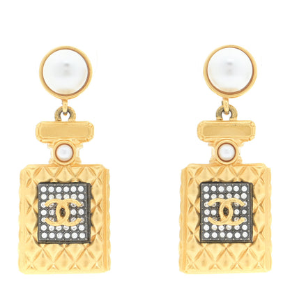 Chanel Crystal Pearl CC Perfume Bottle Drop Earrings Gold 1 of 6