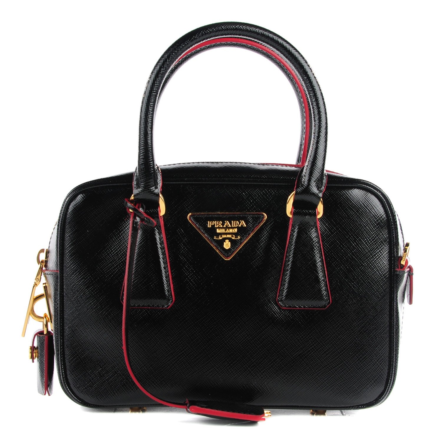 Prada Saffiano Vernice Lux Mini Convertible Bowler Black Rosso 1 of 10