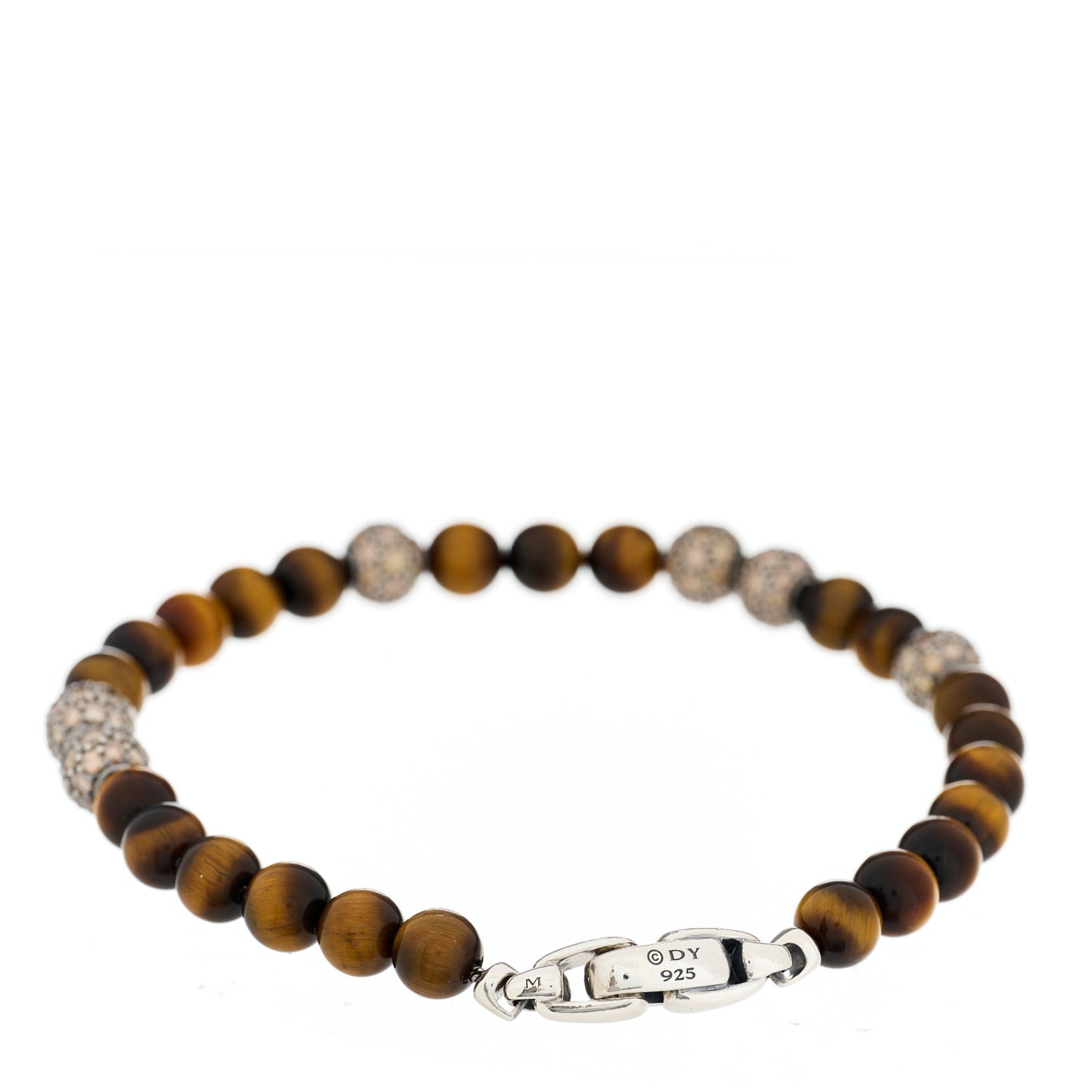 Sterling Silver Cognac Diamond Tigers Eye Spiritual Bead Pave Bracelet