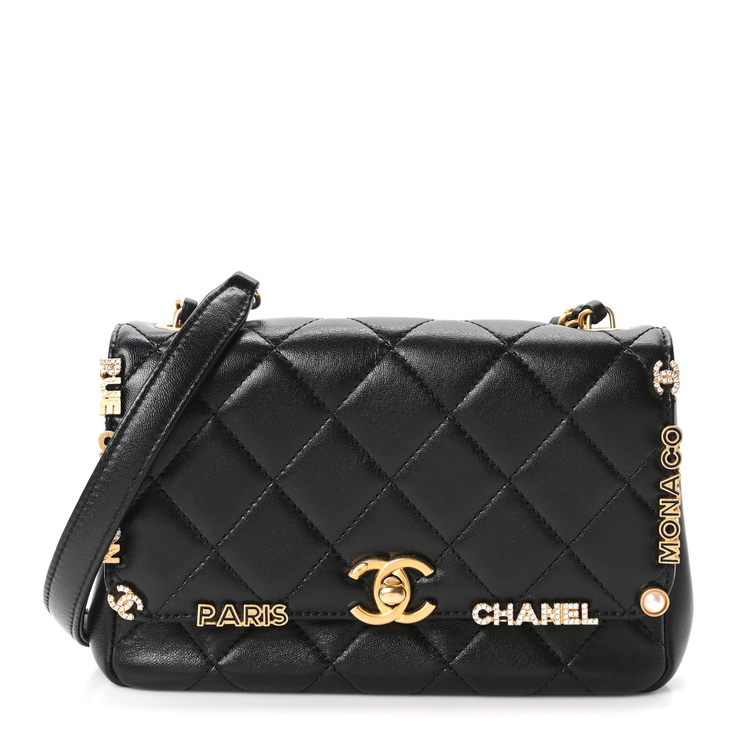 Lambskin Enamel Strass Quilted Mini Paris Monaco Flap Black