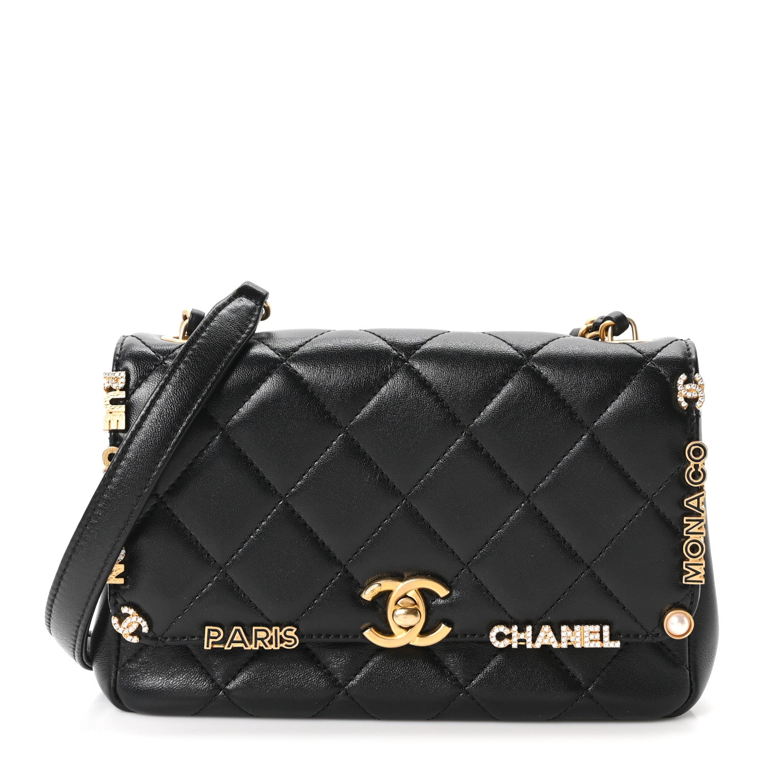 Chanel Lambskin Enamel Strass Quilted Mini Paris Monaco Flap Black 1 of 10