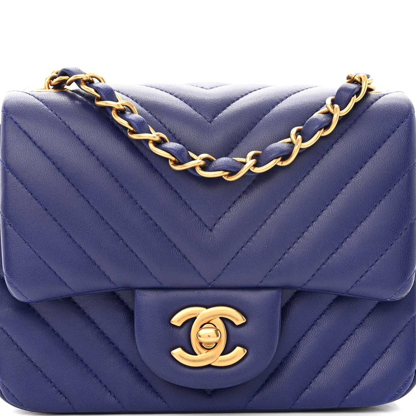 Lambskin Chevron Quilted Mini Square Flap Blue