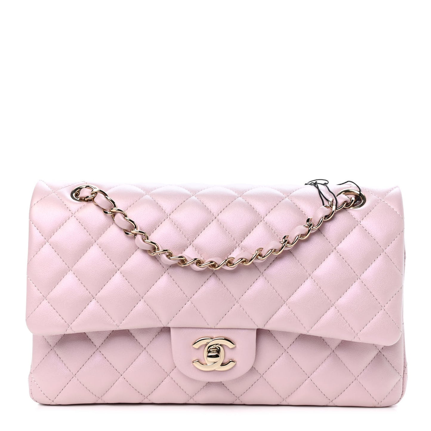Iridescent Calfskin Quilted Medium Double Flap Light Pink
