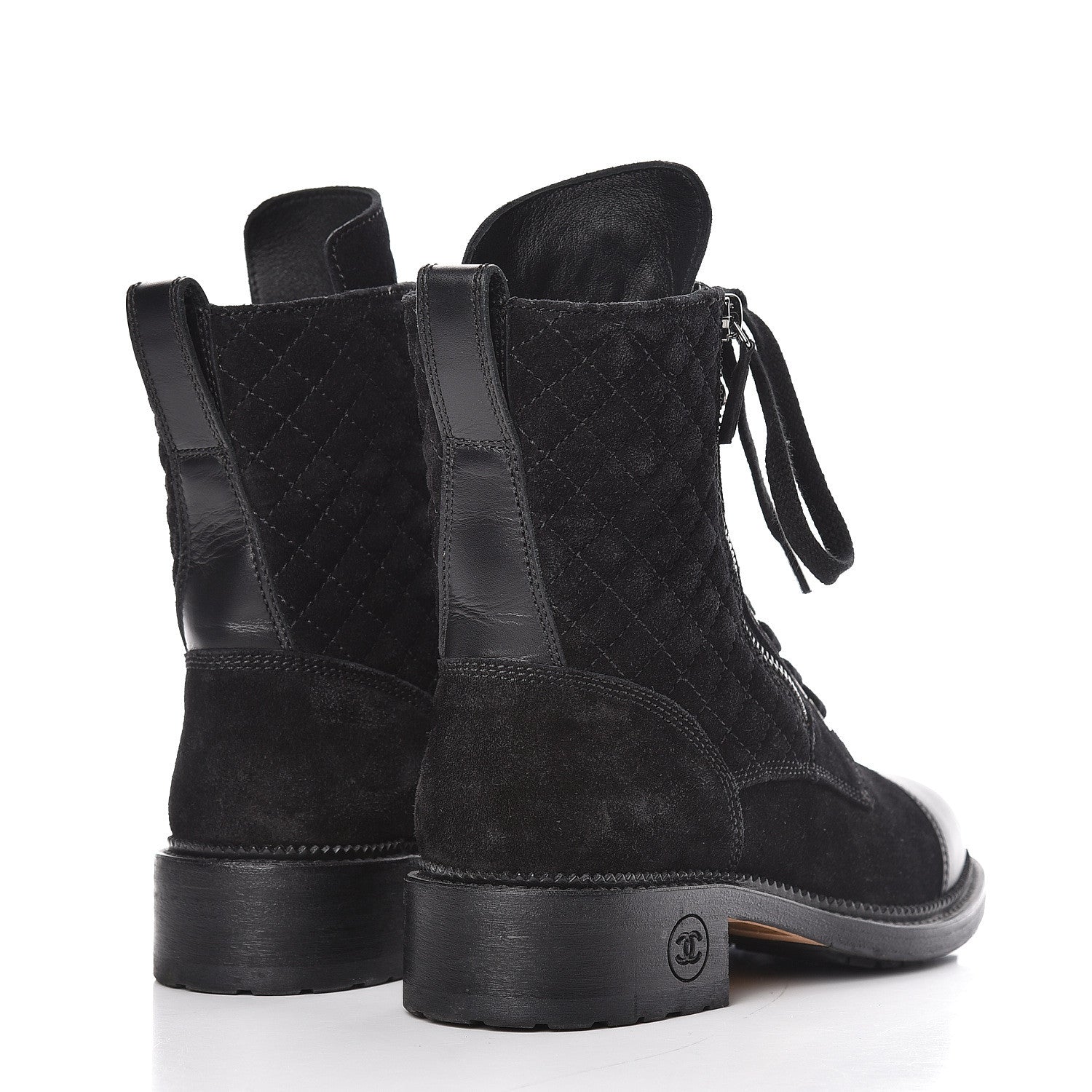 Chanel Suede Quilted CC Lace Up Combat Boots 37 Black 4 of 15