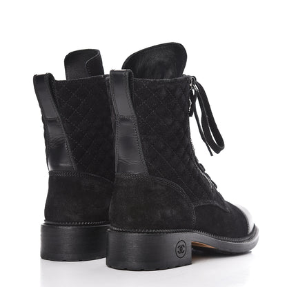 Chanel Suede Quilted CC Lace Up Combat Boots 37 Black 4 of 15