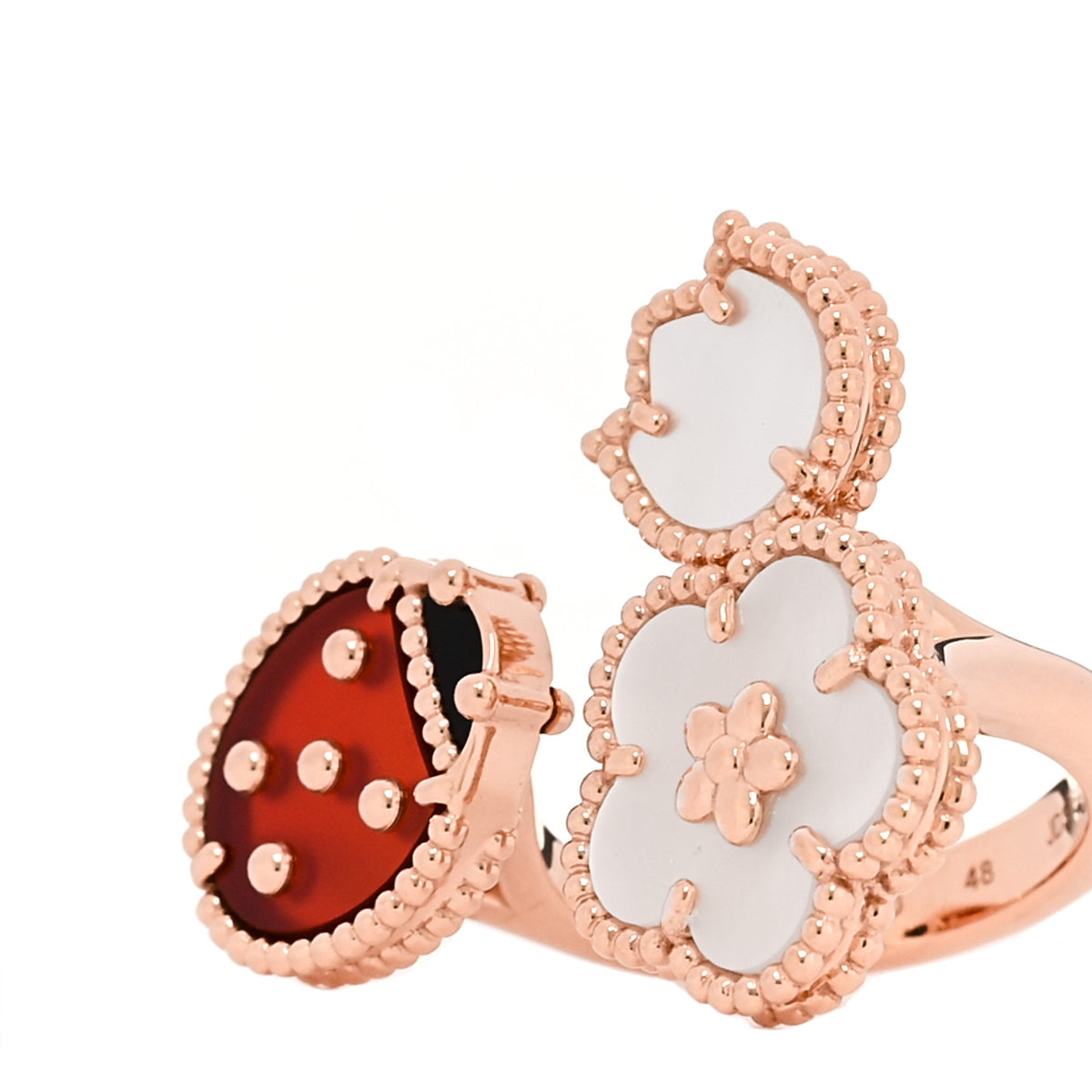 Van Cleef & Arpels 18K Rose Gold Mother of Pearl Carnelian Black Onyx Lucky Spring Between the Finger Ring 48 4.5 3 of 5