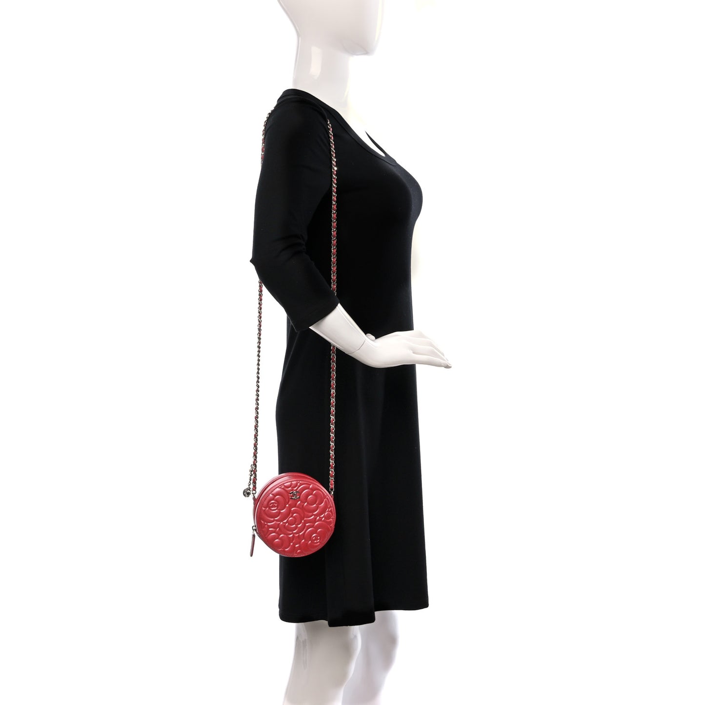 Goatskin Camellia Quilted Round Clutch With Chain Dark Pink