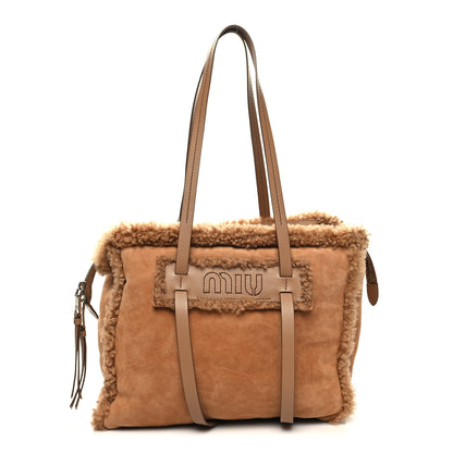 Miu Miu Shearling Suede Shopping Tote Caramel 3 of 11