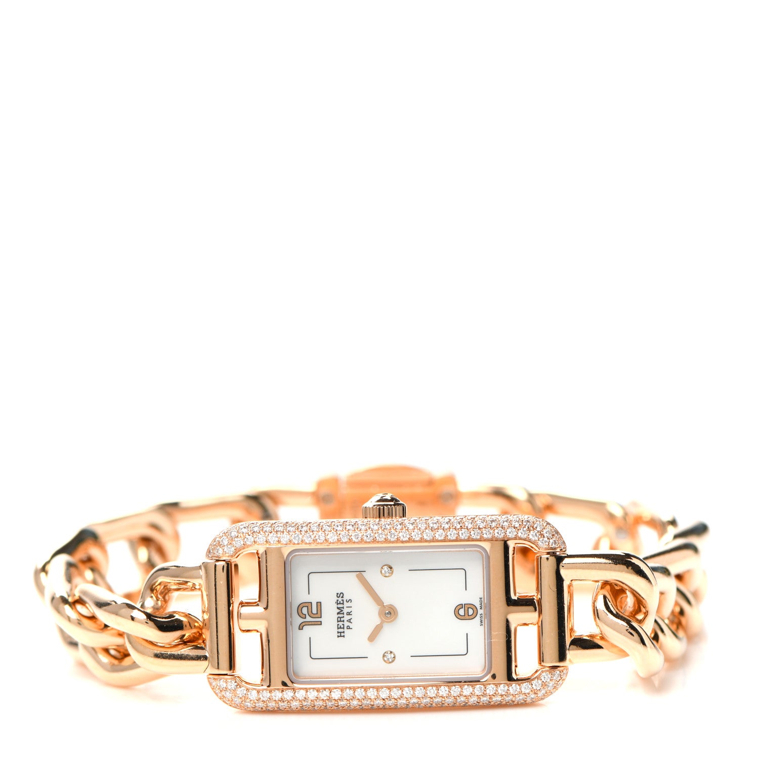 Hermes 18K Rose Gold Diamond Mother of Pearl 17mm Nantucket Quartz Watch 2 of 5