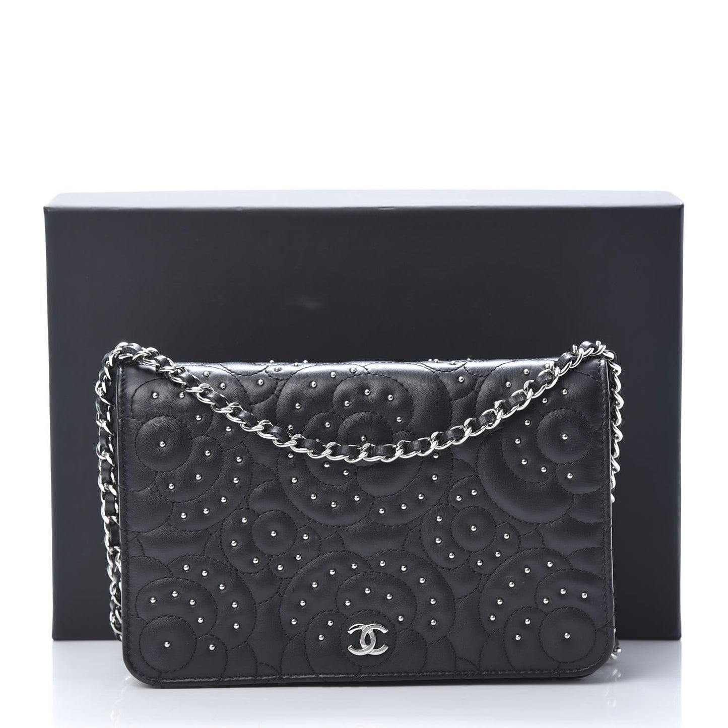 Lambskin Camellia Studded Wallet on Chain WOC Black