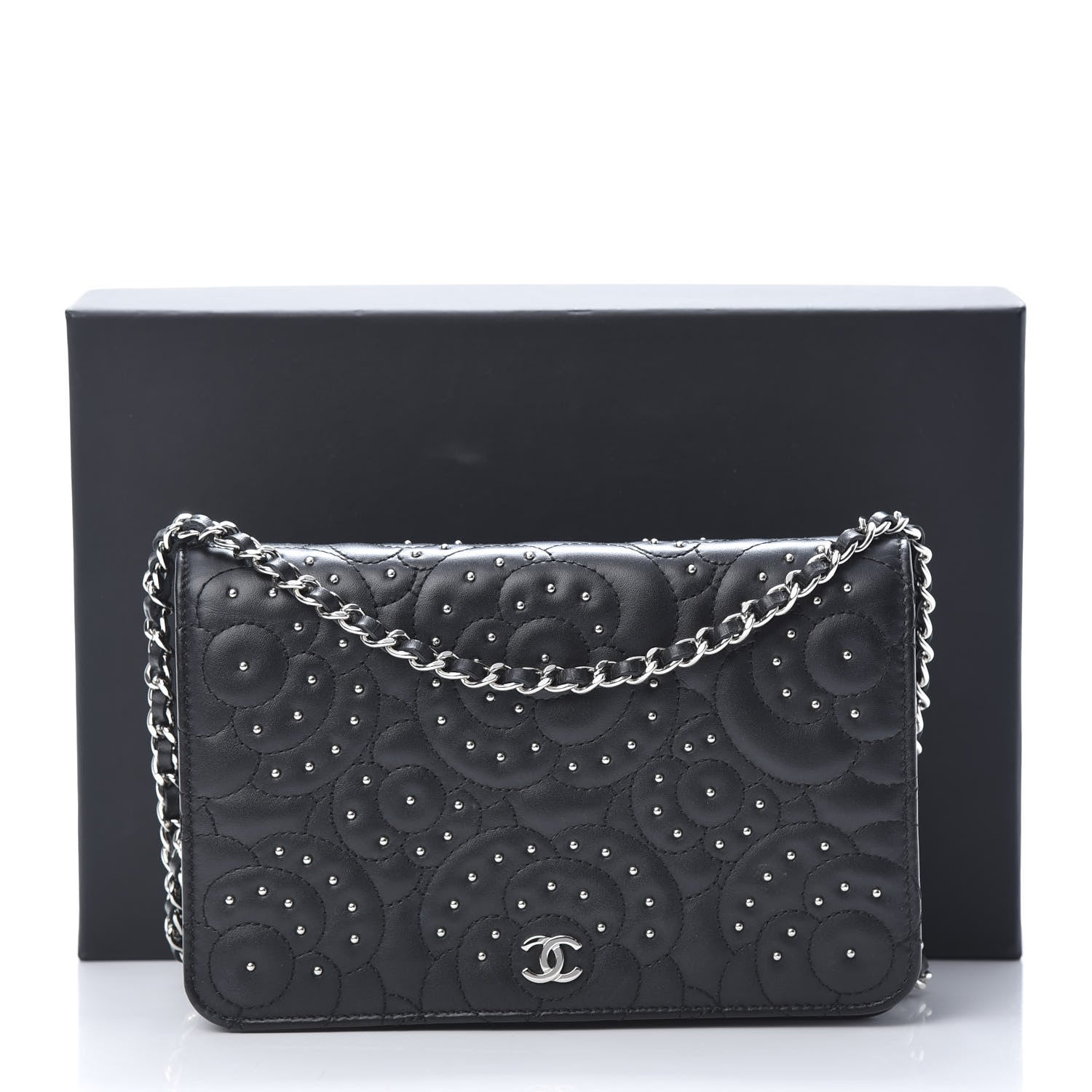 Chanel Lambskin Camellia Studded Wallet on Chain WOC Black 15 of 15