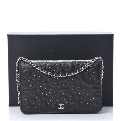 Chanel Lambskin Camellia Studded Wallet on Chain WOC Black 15 of 15