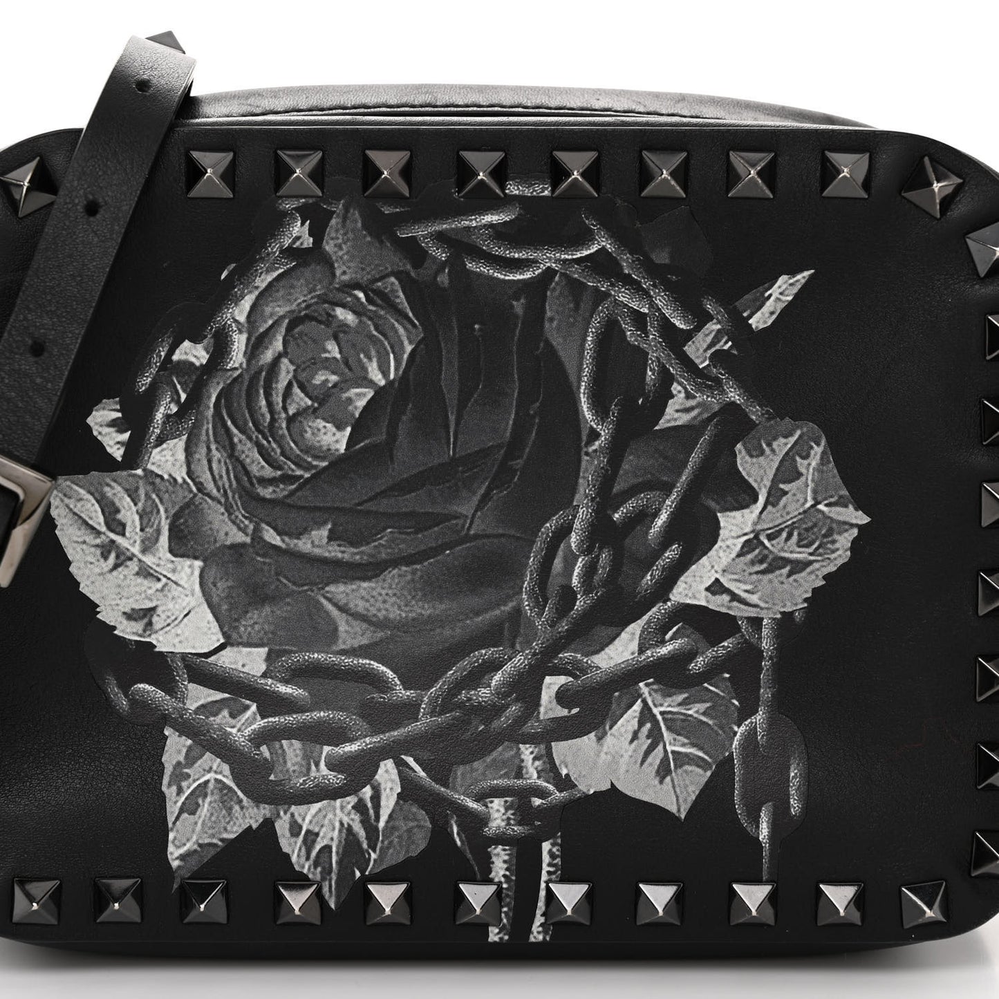 X UNDERCOVER Calfskin Rockstud Rose Print Camera Crossbody Bag Black