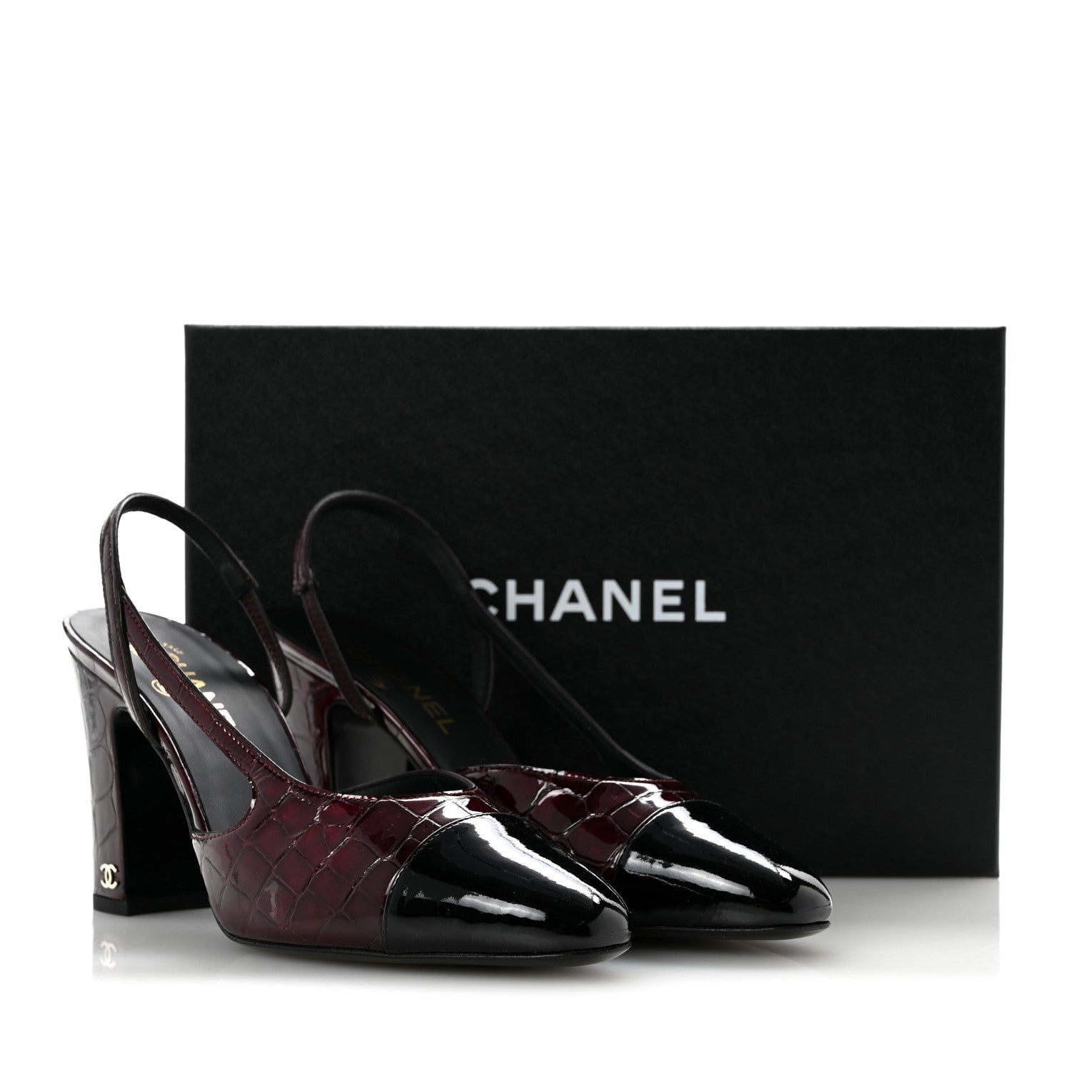 Chanel Patent Calfskin Crocodile Embossed Cap Toe CC Slingback Pumps 40 Dark Burgundy Black 10 of 10