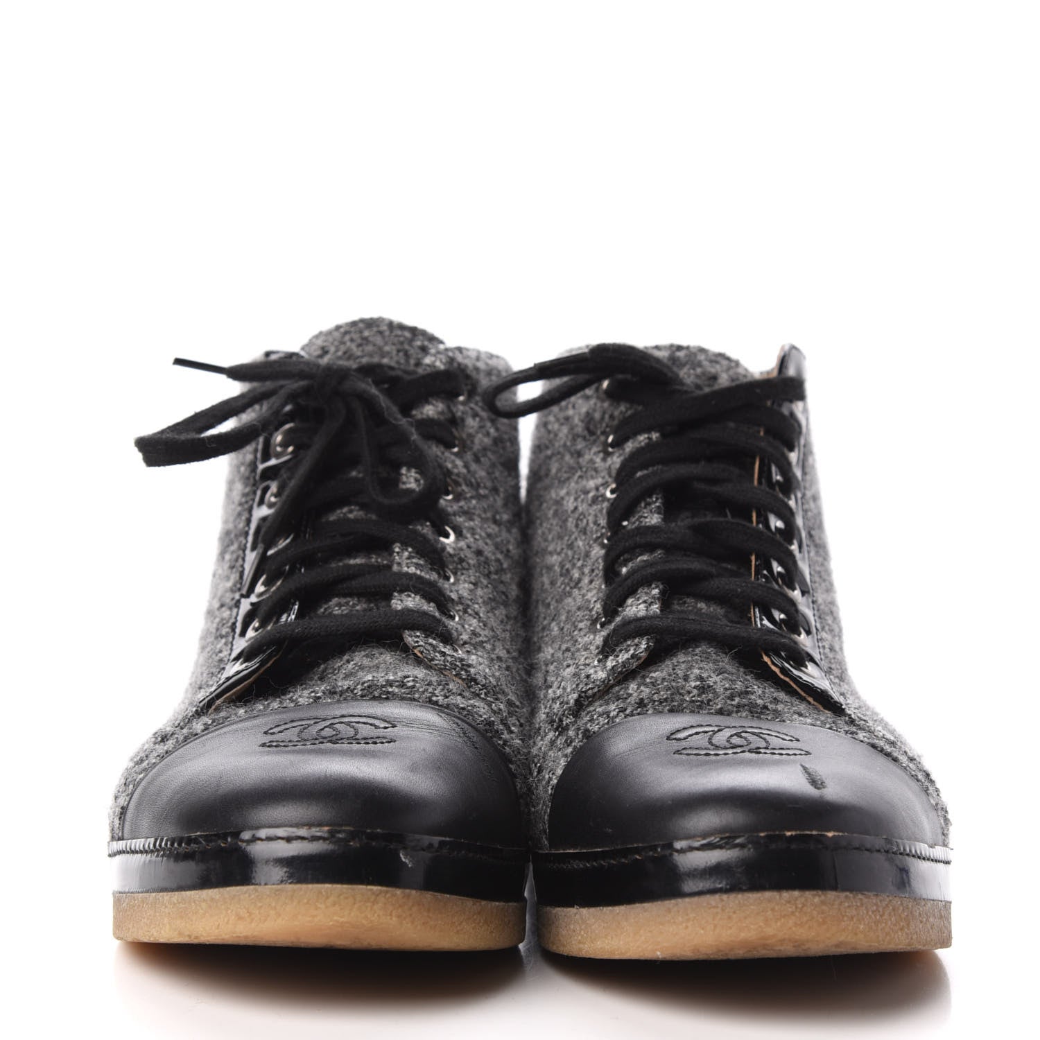 Chanel Tweed Patent Lambskin High Top Sneakers 39 Black Grey 2 of 6