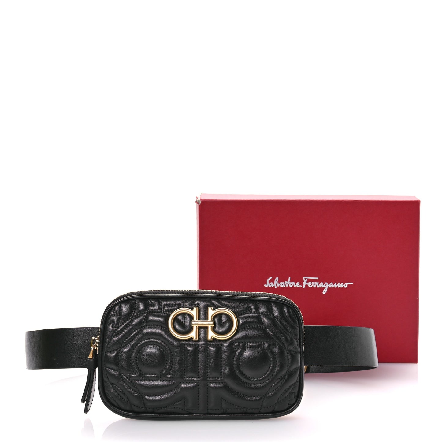 Calfskin Quilted Gancini Belt Bag Black