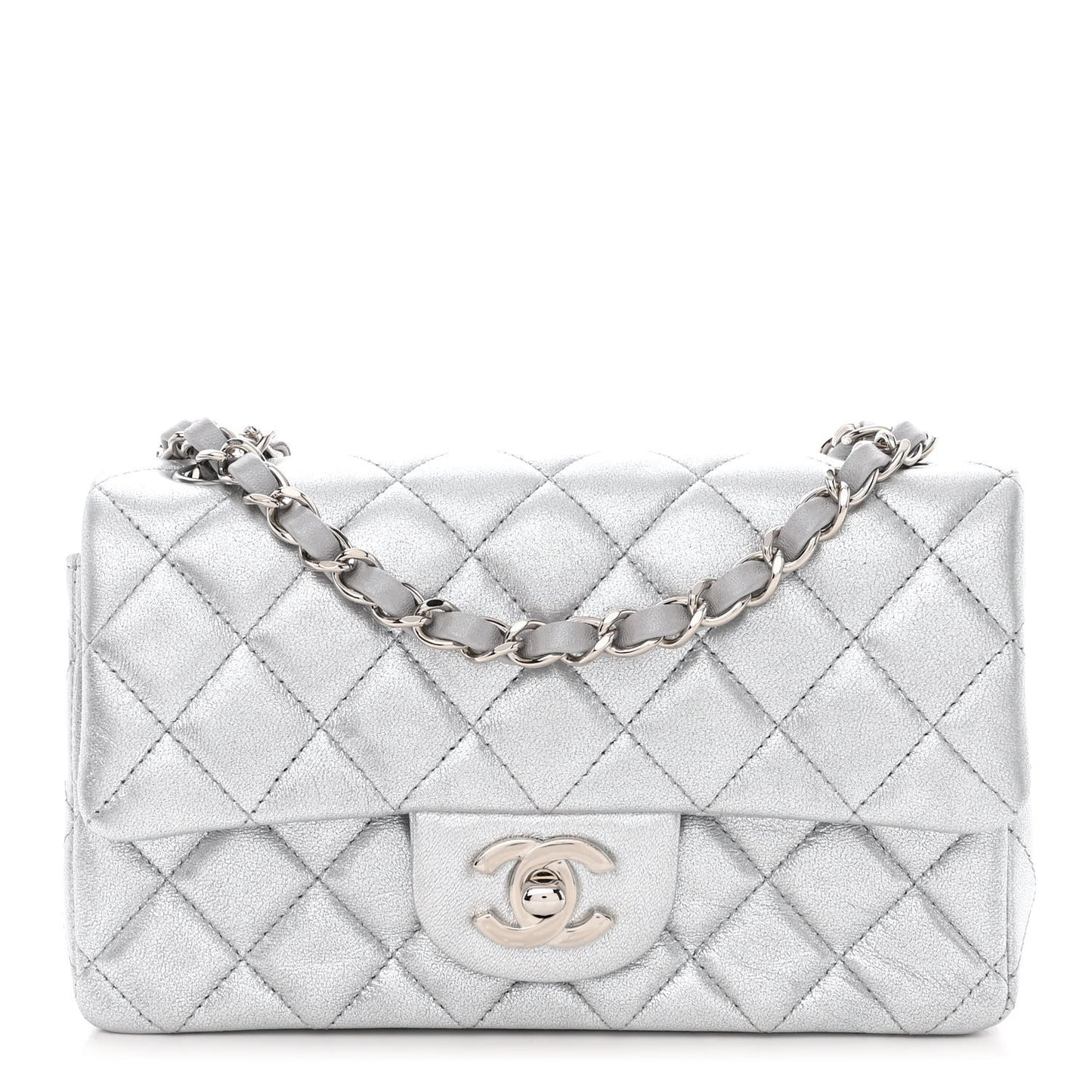 Metallic Lambskin Quilted Mini Rectangular Flap Silver