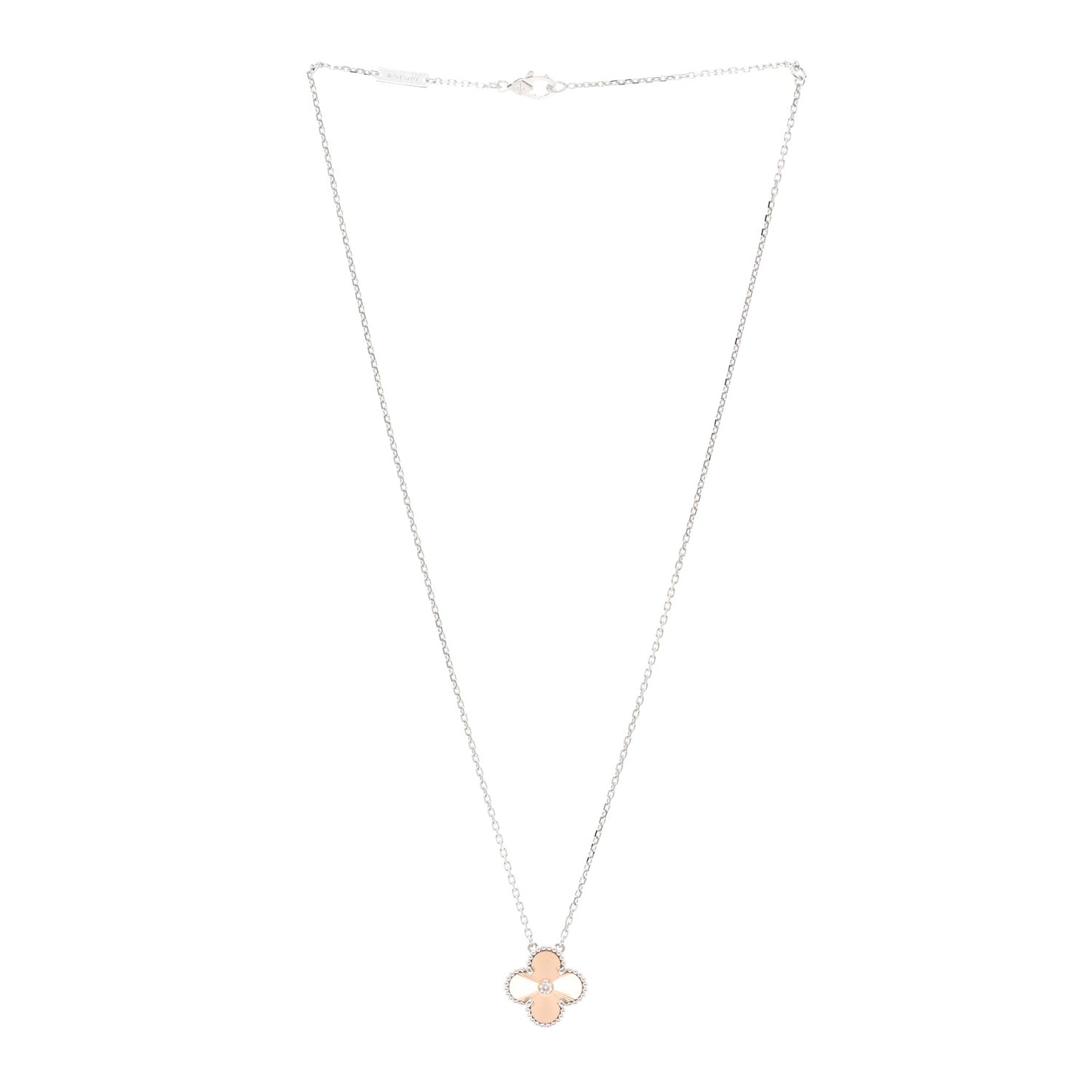 18K White Rose Gold Diamond Guilloche Vintage Alhambra Pendant Necklace