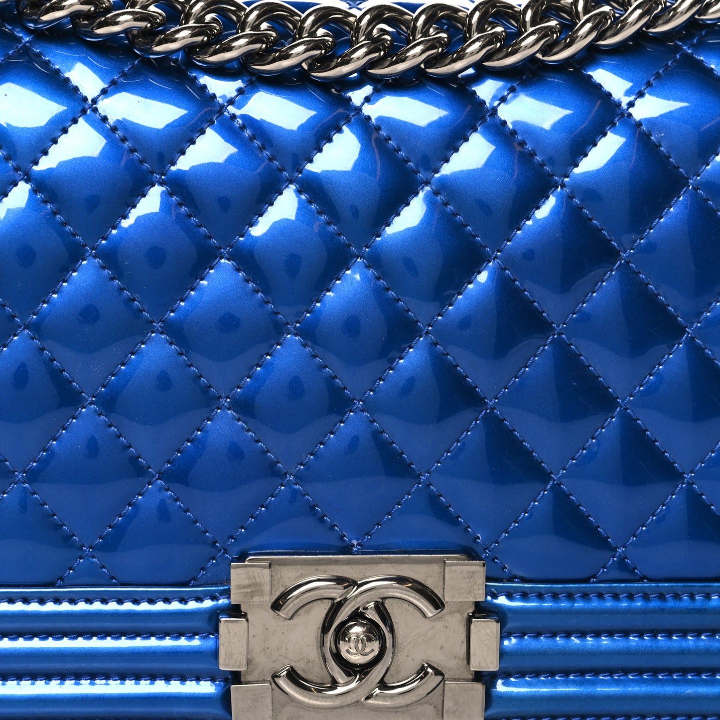 Metallic Patent Quilted Medium Boy Flap Blue