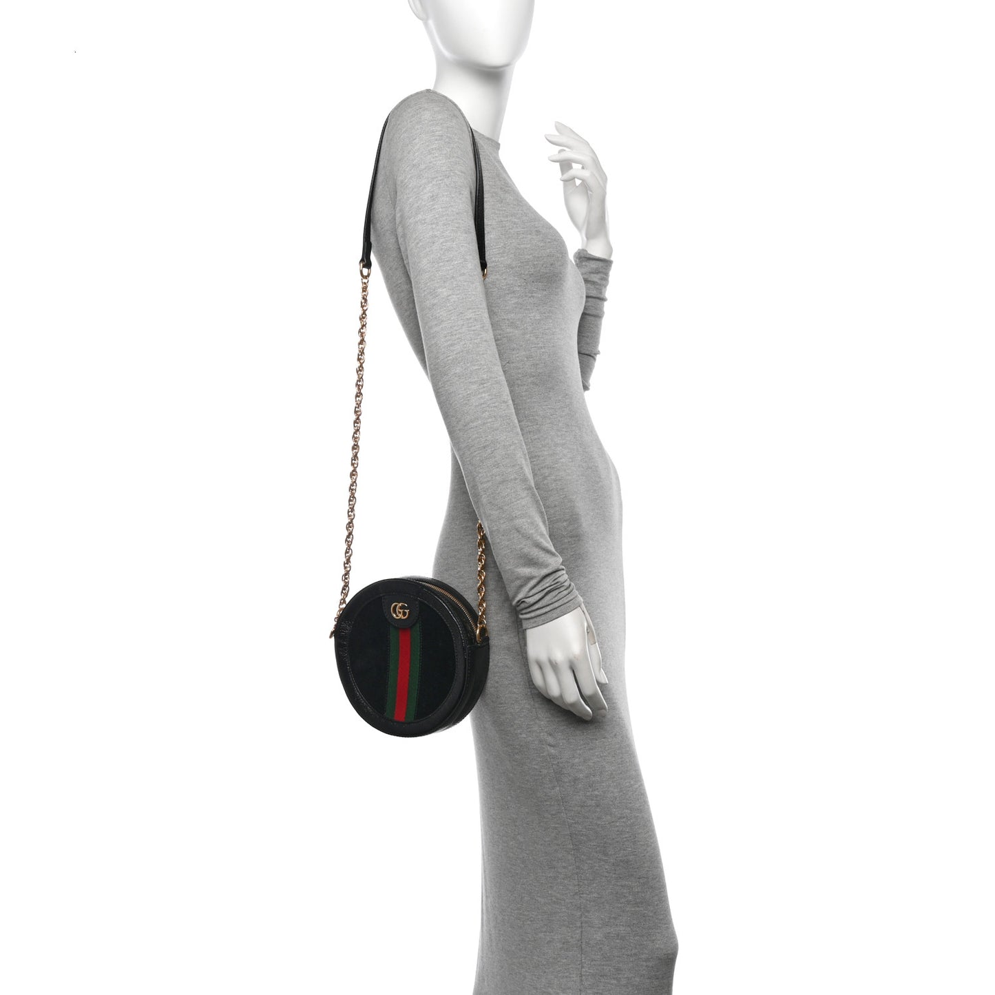 Suede Patent Web Mini Ophidia Round Shoulder Bag Black