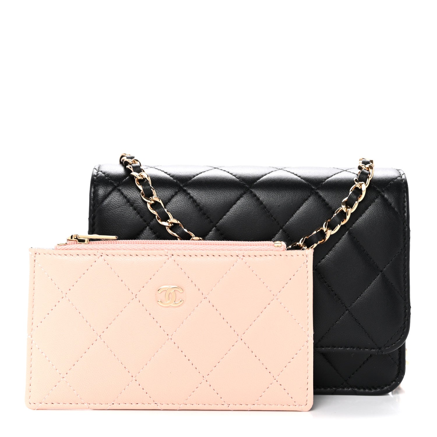 Chanel Lambskin Quilted Mini Wallet on Chain WOC Black Pink 3 of 13