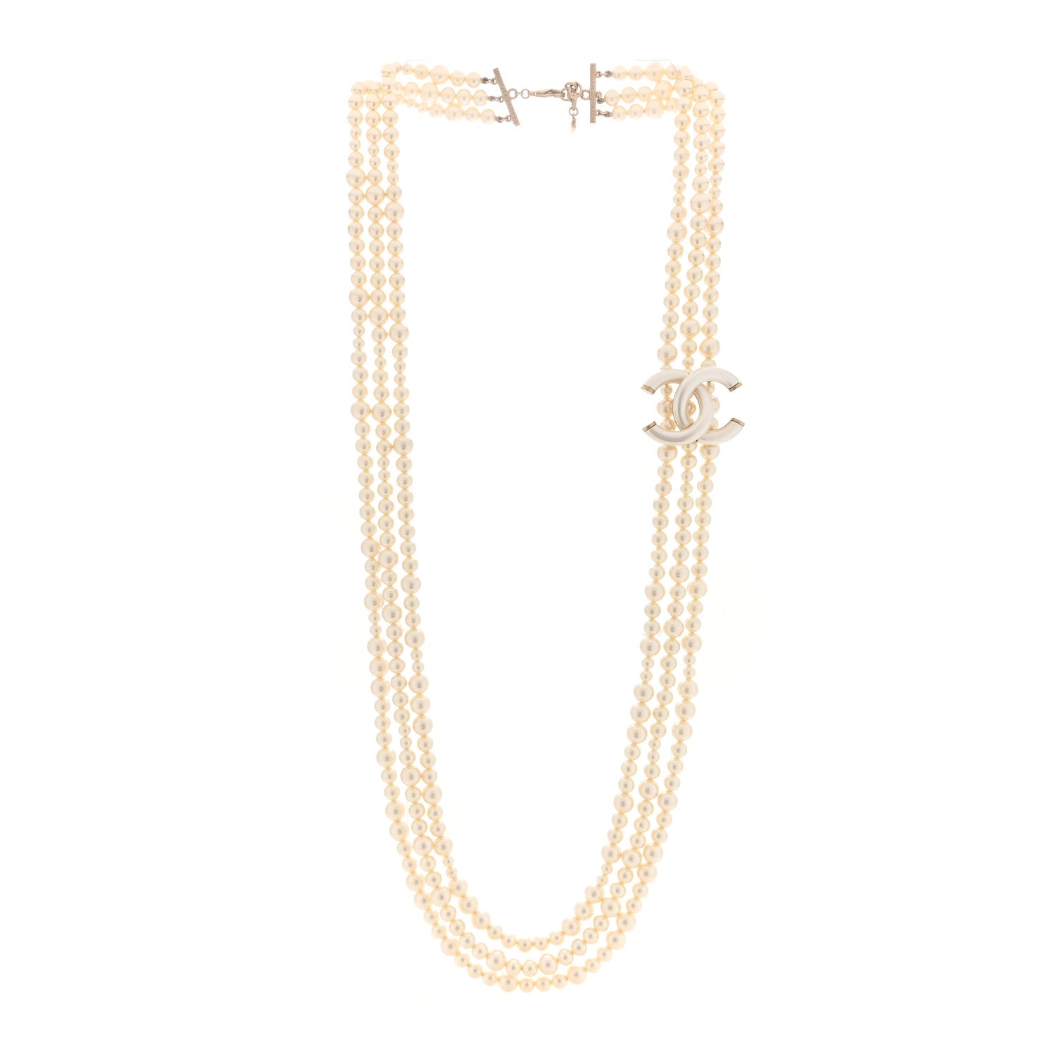 Chanel Graduated Pearl Studded CC Multi Strand Long Necklace Gold 3 of 4
