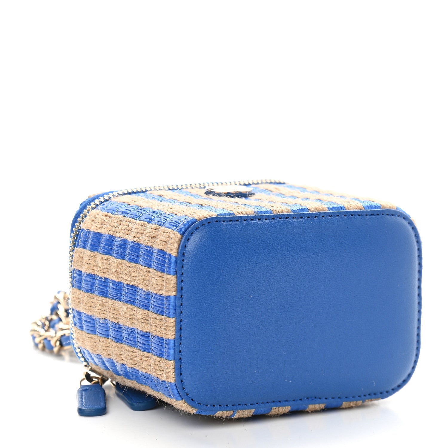 Chanel Raffia Jute Striped Mini Vanity Case With Chain Blue Beige 4 of 9