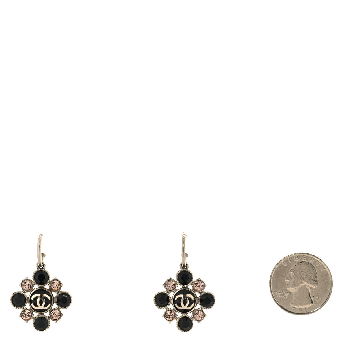 Crystal CC Flower Drop Earrings Silver Black Pink