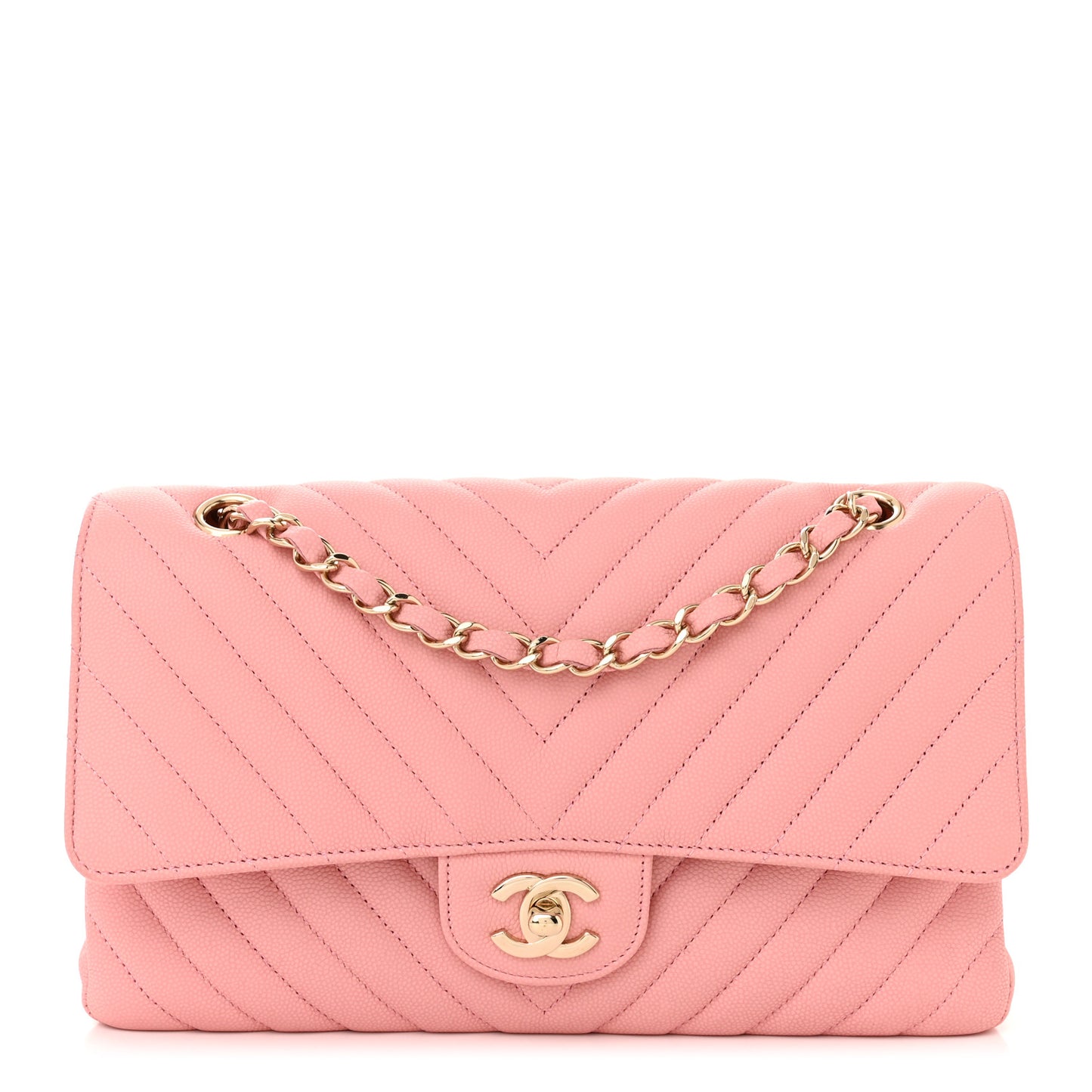 Caviar Flat Chevron Quilted Medium Double Flap Pink