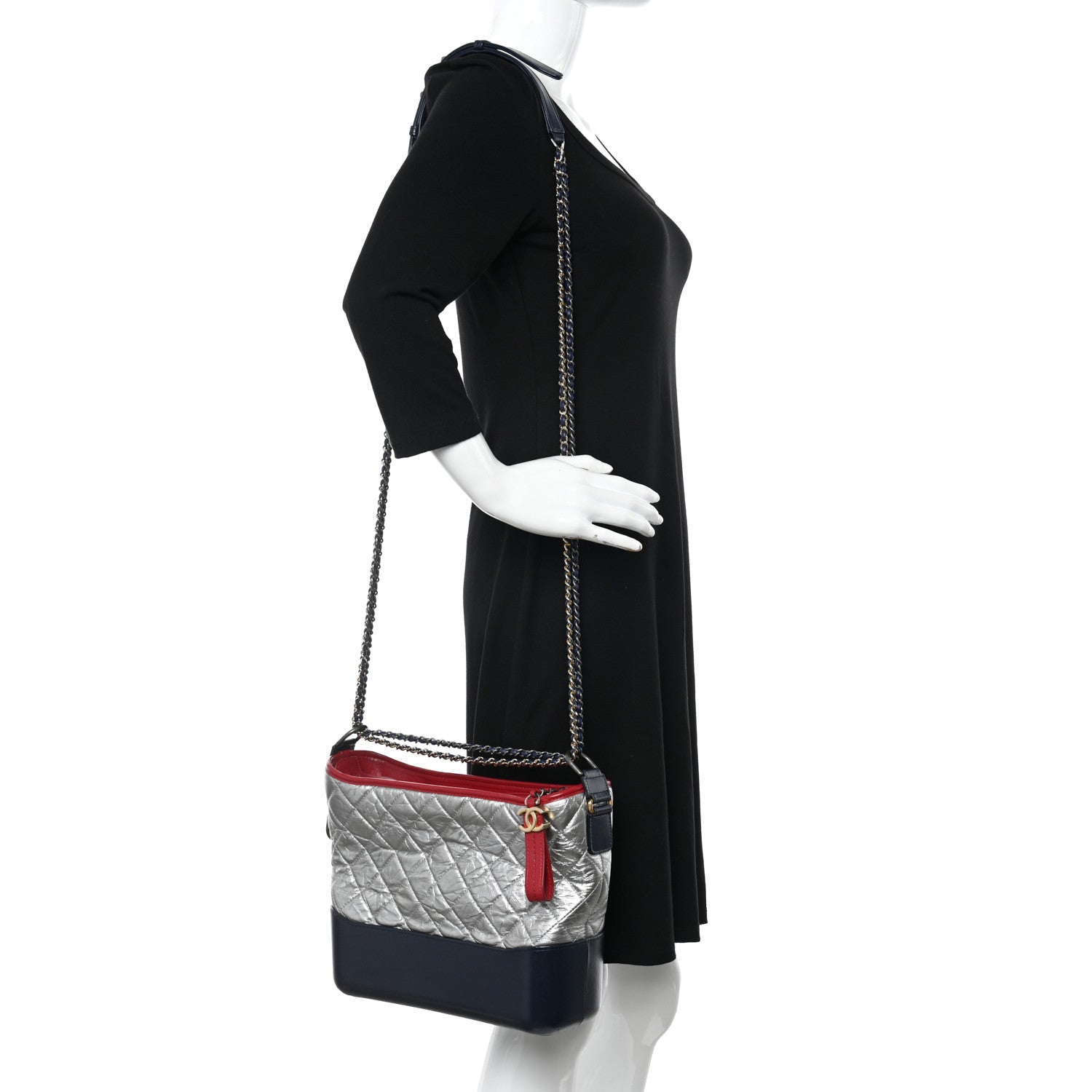 Chanel Metallic Aged Calfskin Quilted Medium Gabrielle Hobo Silver Navy Red 2 of 11