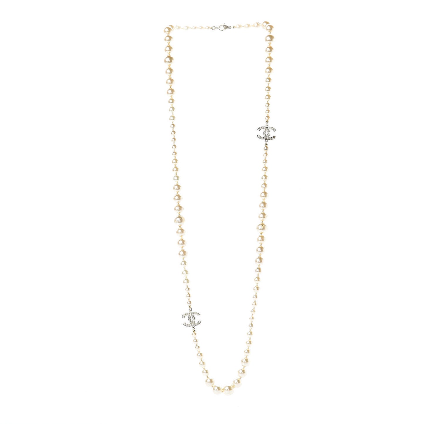 Graduated Pearl CC Long Necklace Light Gold