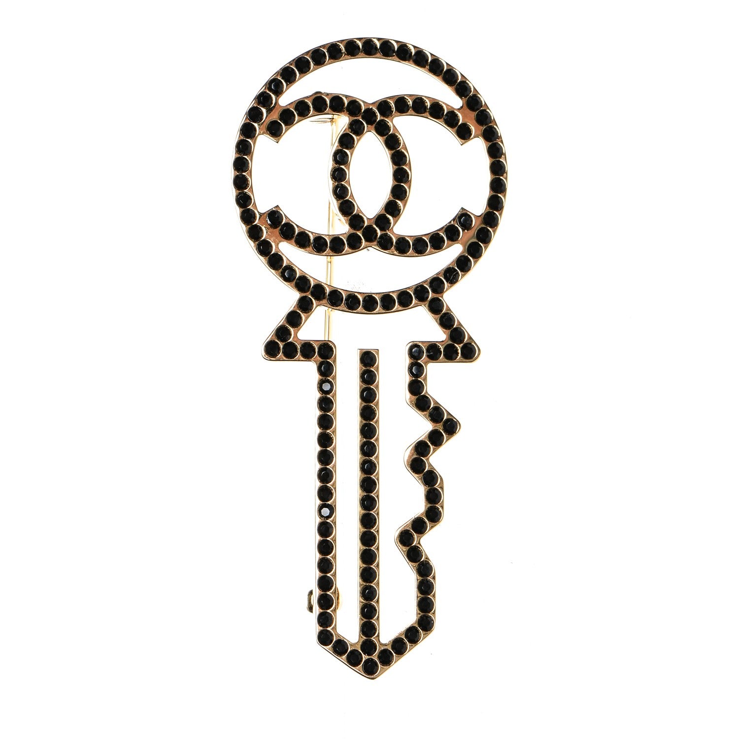 Chanel Crystal CC Key Brooch Black Gold 1 of 4