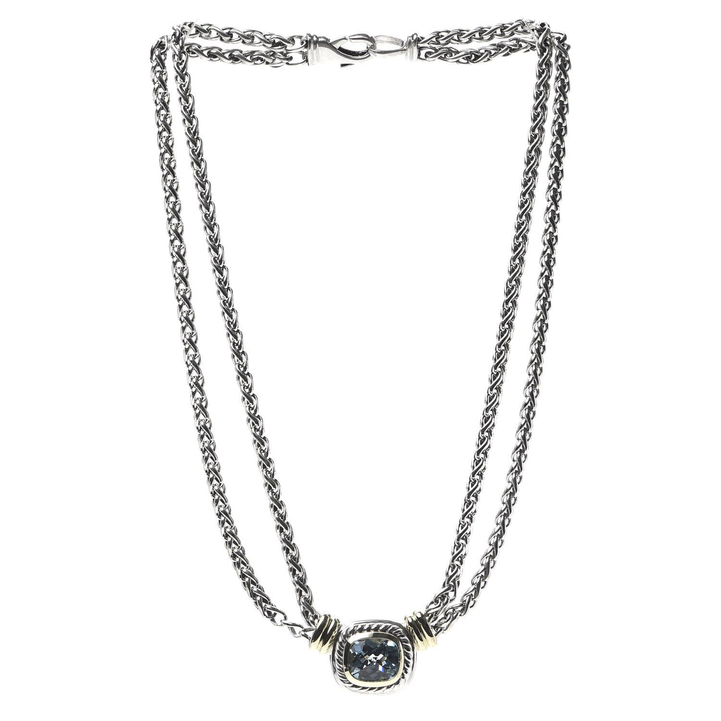 Sterling Silver 14K Yellow Gold Blue Topaz Double Wheat Chain Necklace
