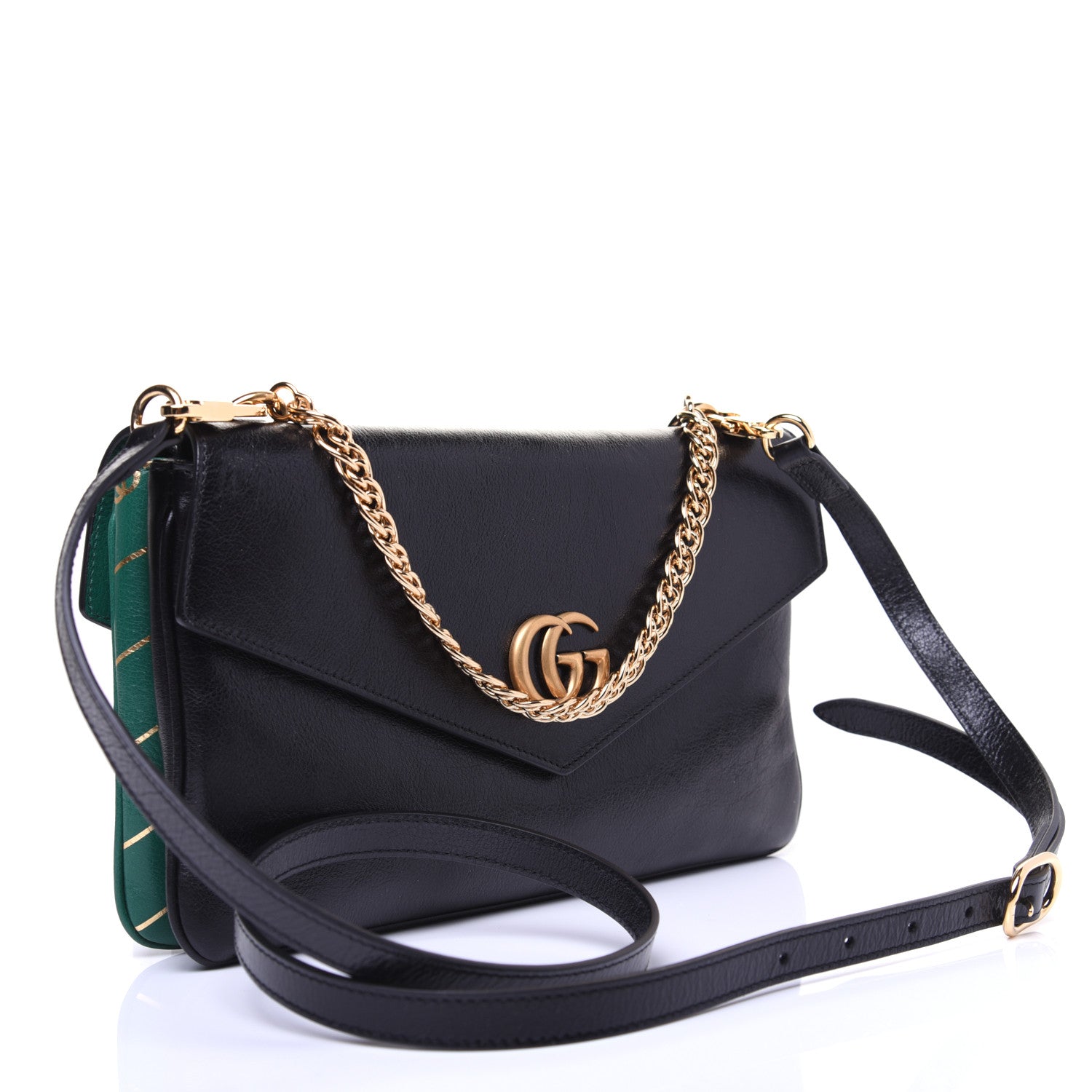 Gucci Calfskin Diagonal GG Medium Thiara Double Envelope Shoulder Bag Emerald Green Black 4 of 18