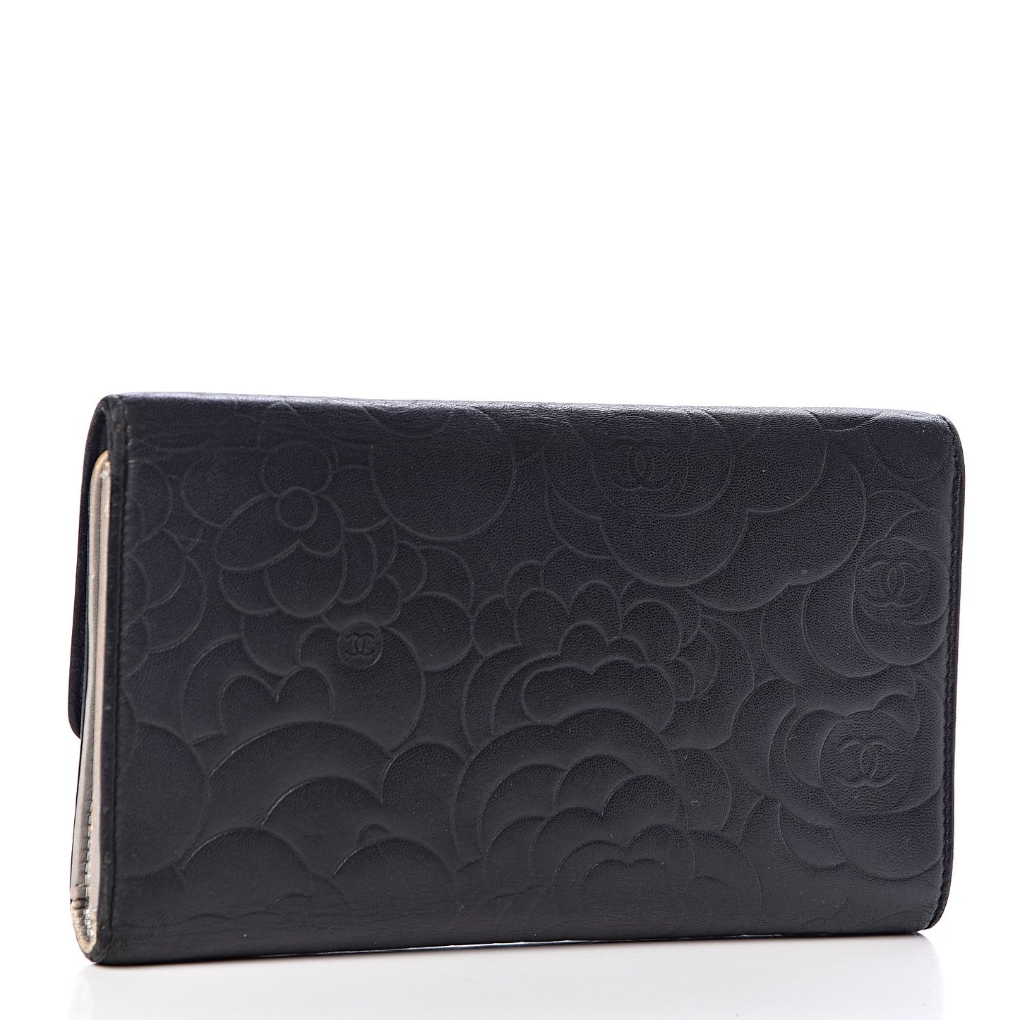 Lambskin Camellia Embossed Large Flap Wallet Black