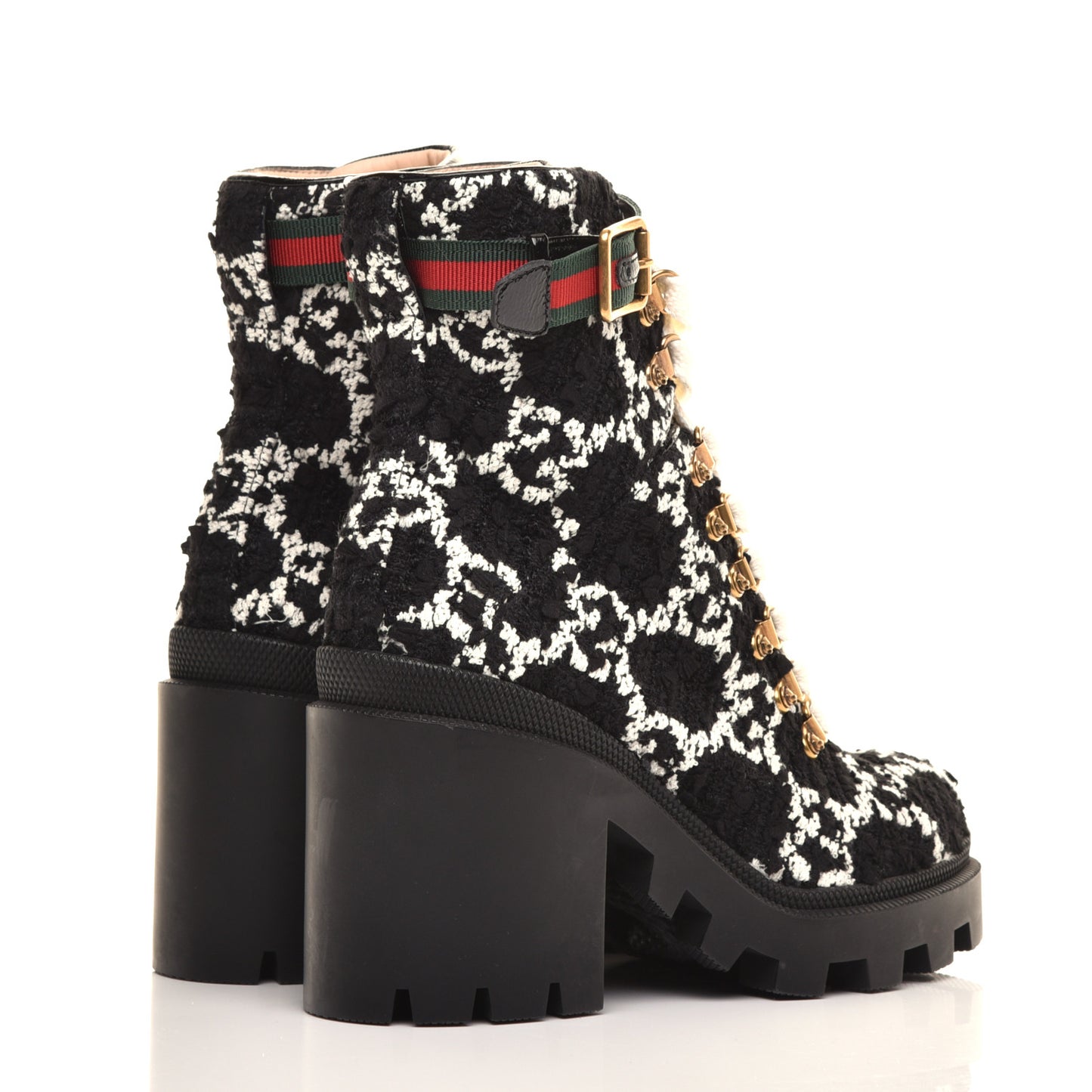 Tweed GG Monogram Lace Up Combat Ankle Boots 36 Black