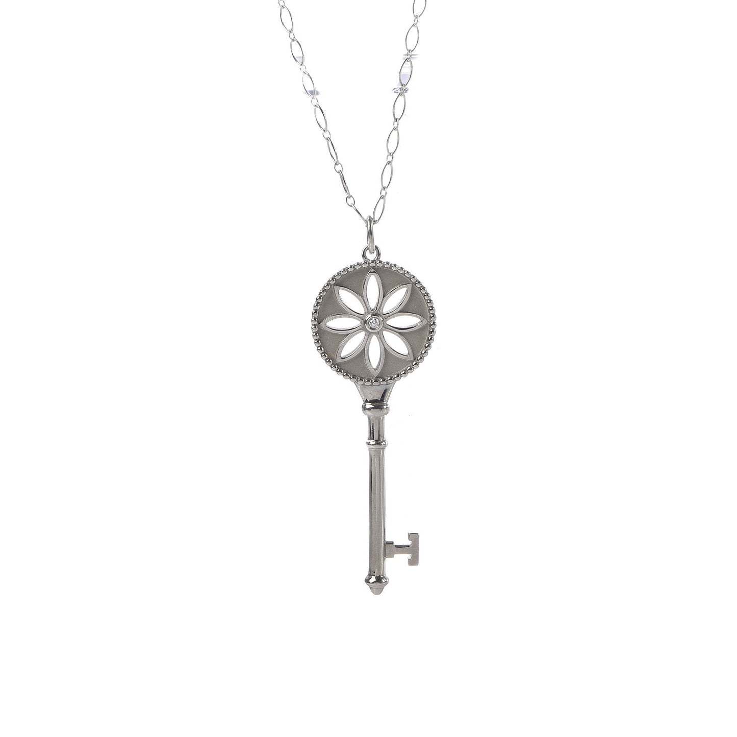 Sterling Silver Diamond Large Daisy Key Pendant Link Necklace