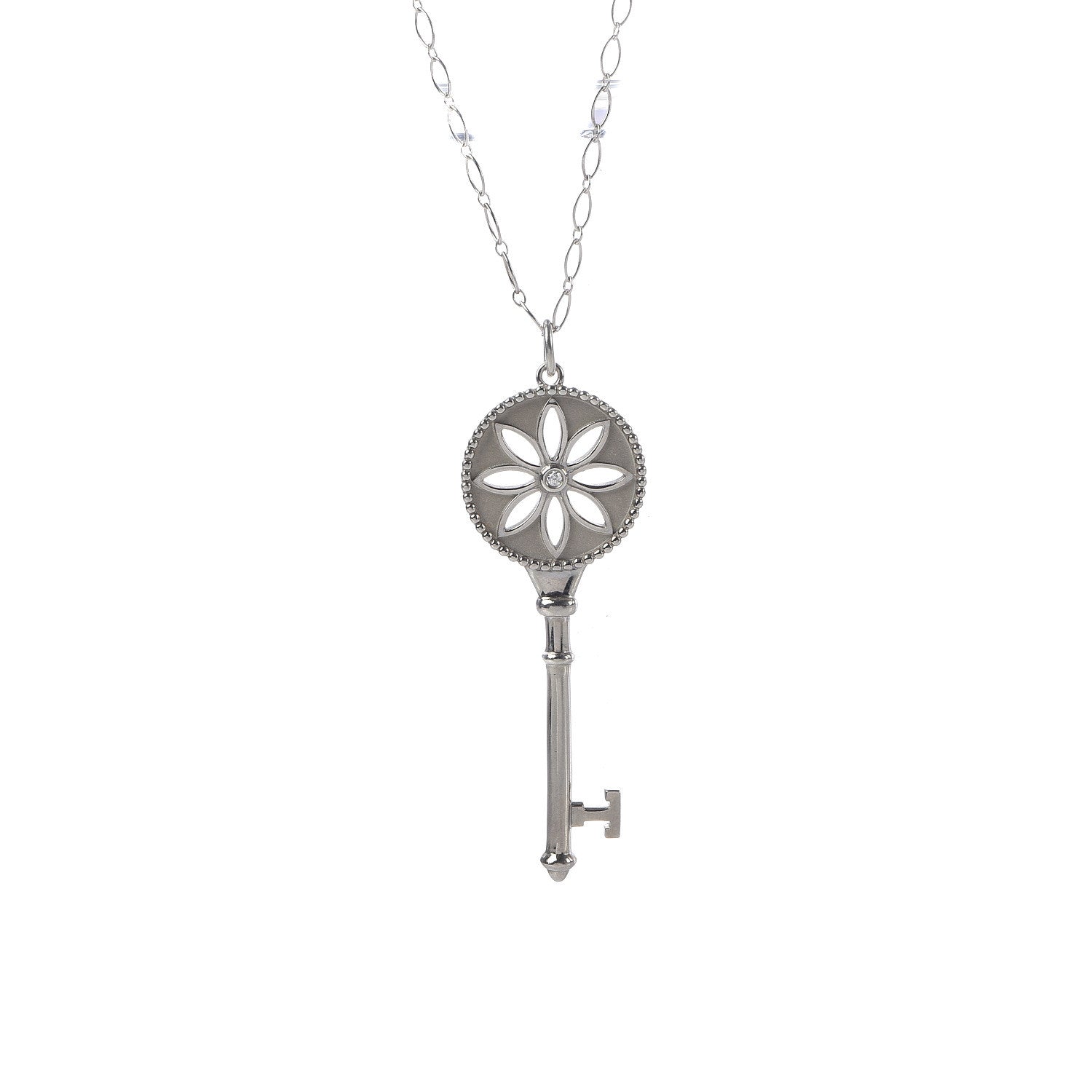 Tiffany Sterling Silver Diamond Large Daisy Key Pendant Link Necklace 4 of 6
