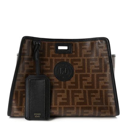 Fendi Glazed Fabric Vitello Century FF 1974 Stamp Patch Mini Peekaboo Defender Cover Mogano Panna Black 1 of 10