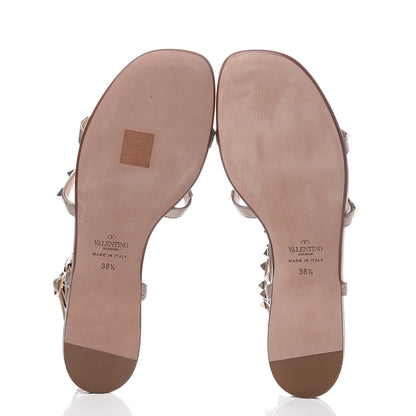 Valentino Garavani Metallic Pebbled Calfskin Rockstud Gladiator Flat Sandals 38.5 Skin 5 of 8