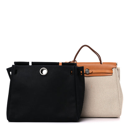 Hermes Toile Vache Calfskin Herbag 30 PM Black Natural 1 of 16